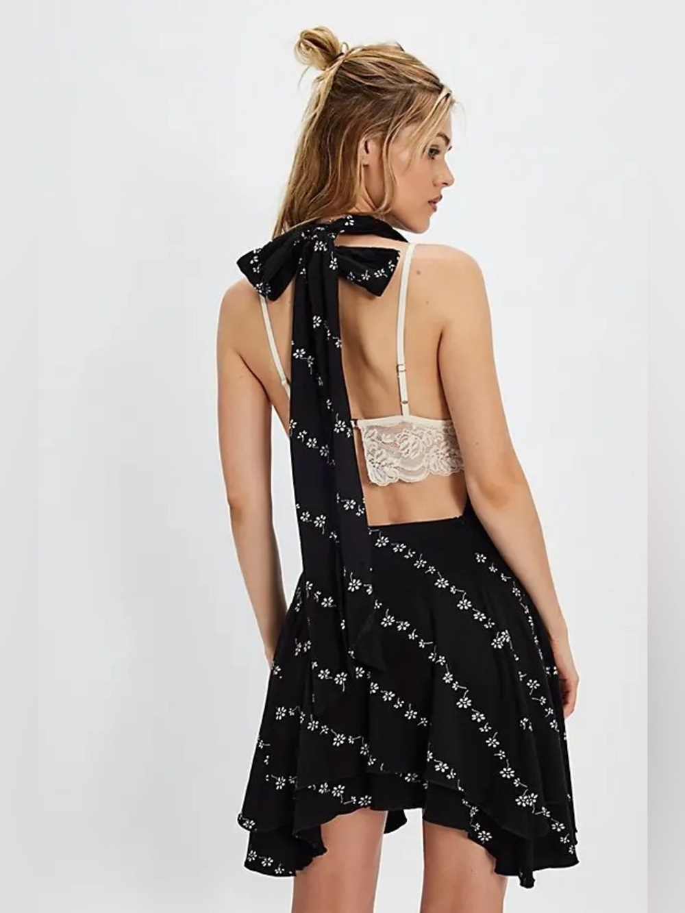Free People Electric Days Printed Mini Dress Black White Floral XS Open-Back